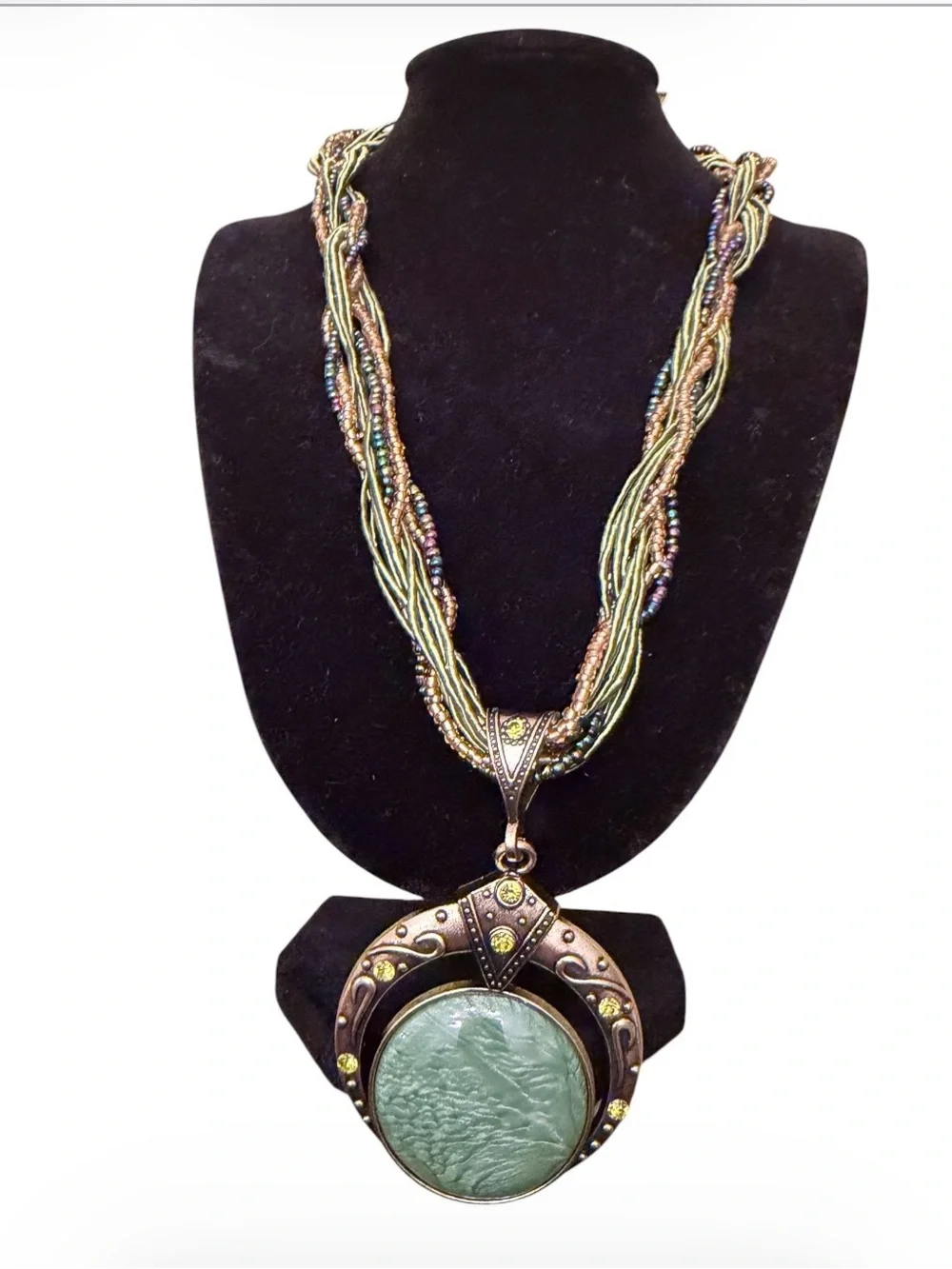 Bohemian Green Stone Pendant Multi-Strand Necklace